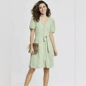 Universal Thread Green Wrap Midi Dress with Puff Sleeves